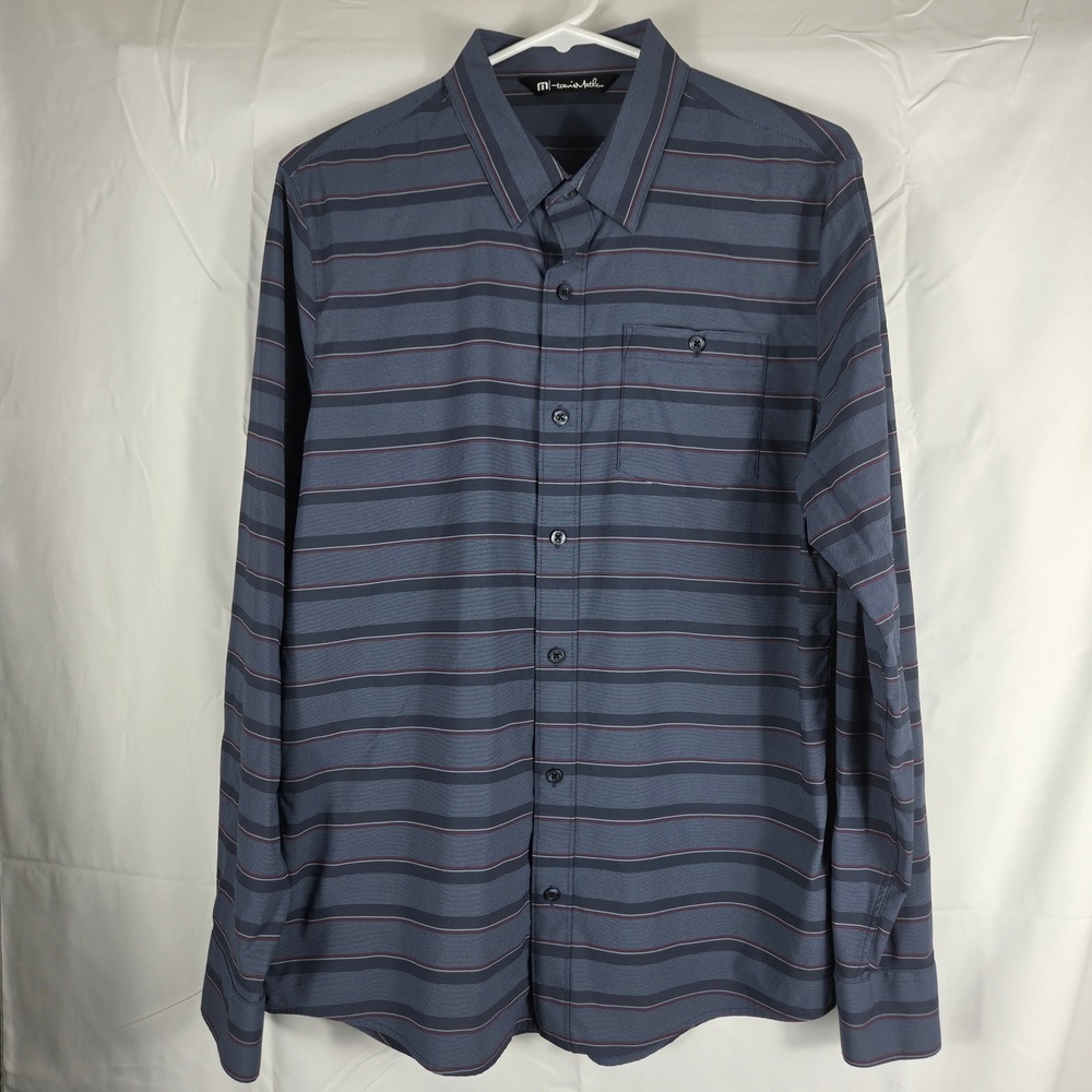 TravisMathew Mens Medium Blue Striped Long Sleeve Button Down Performance Shirt